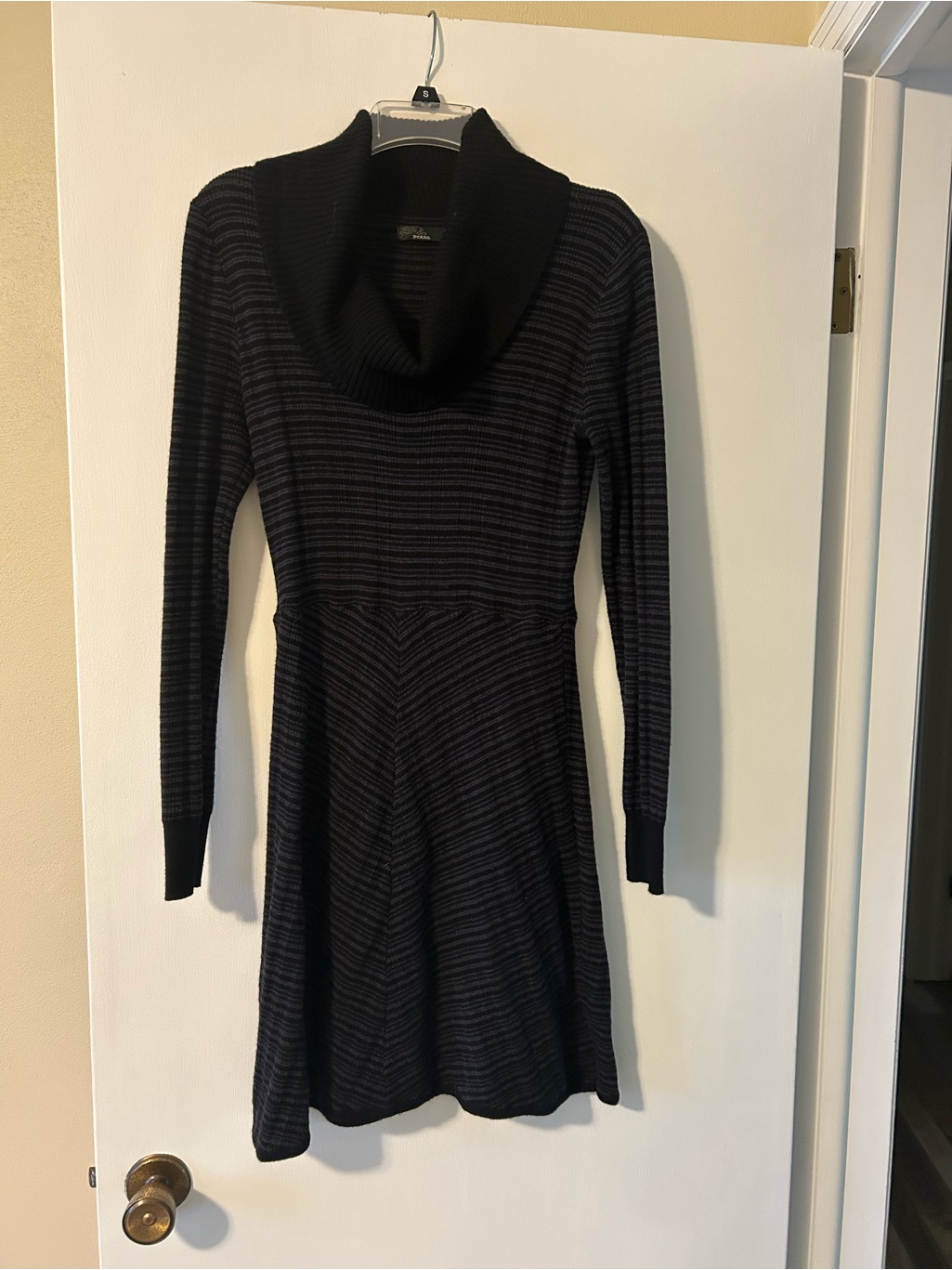 Prana Black And Charcoal Striped Cowl Neck Long Sleeve Dress